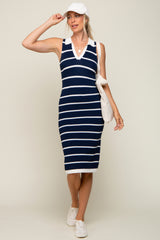 Navy Blue Striped Sleeveless Collared Midi Dress