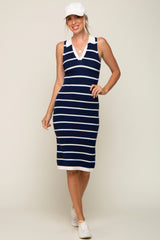 Navy Blue Striped Sleeveless Collared Midi Dress