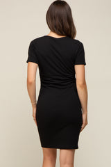 Black Rib Knit Wrap Ruched Maternity Dress