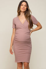 Taupe Rib Knit Wrap Ruched Maternity Dress