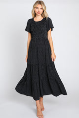 Black Printed Short Sleeve Tiered Maxi Dress