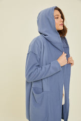 Blue Raw Hem Hooded Cardigan