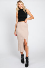 Taupe Ribbed Knit Front Slit Midi Skirt