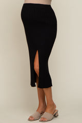 Black Ribbed Knit Front Slit Maternity Midi Skirt