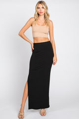 Black Ribbed Knit Front Slit Maternity Midi Skirt