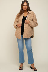 Taupe Fuzzy Knit Maternity Shirt Jacket