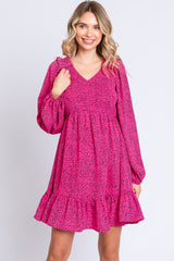 Fuchsia Dot Print Long Sleeve Ruffle Maternity Dress