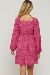 Fuchsia Dot Print Long Sleeve Ruffle Maternity Dress