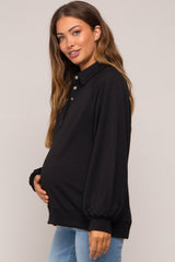 Black Oversized Snap Button Collared Maternity Top