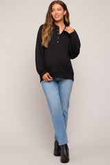 Black Oversized Snap Button Collared Maternity Top