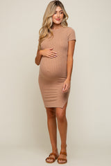 Mocha Ribbed Fitted Maternity Dress