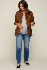 Rust Plaid Button Down Raw Edge Maternity Flannel Top