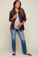 Purple Plaid Button Down Raw Edge Maternity Flannel Top