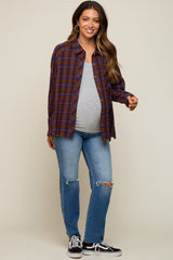 Purple Plaid Button Down Raw Edge Maternity Flannel Top