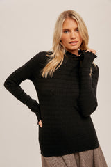 Black Textured Knit Ruffle Mock Neck Top