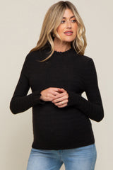 Black Textured Knit Ruffle Mock Neck Maternity Top