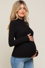 Black Textured Knit Ruffle Mock Neck Maternity Top