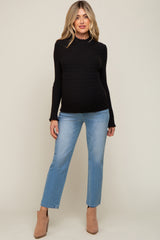 Black Textured Knit Ruffle Mock Neck Maternity Top