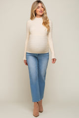 Cream Textured Knit Ruffle Mock Neck Maternity Top