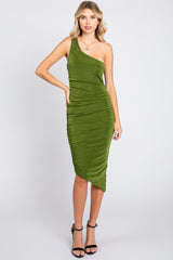 Olive One Shoulder Asymmetrical Hem Maternity Midi Dress