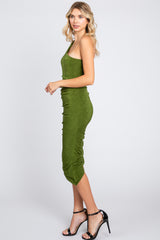 Olive One Shoulder Asymmetrical Hem Midi Dress