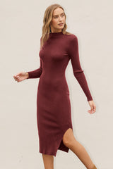 Dark Red Ribbed Fitted Mock Neck Long Sleeve Midi Dress