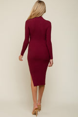 Dark Red Ribbed Fitted Mock Neck Long Sleeve Maternity Midi Dress