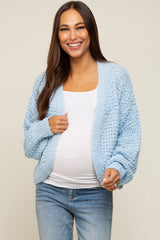 Light Blue Cropped Chunky Open Knit Maternity Cardigan