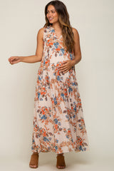 Cream Floral Chiffon Ruffle V-Neck Sleeveless Maternity Maxi Dress