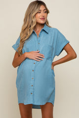 Light Blue Ribbed Button Down Maternity Mini Dress