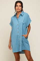 Light Blue Ribbed Button Down Maternity Mini Dress