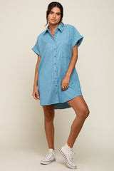 Light Blue Ribbed Button Down Mini Dress