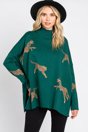 Forest Green Animal Print Side Slit Sweater