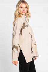 Beige Animal Print Side Slit Sweater