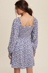 Denim Flower Print Smocked Square Neck Long Sleeve Dress