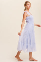 Light Blue Smocked Ruffle Tiered Mesh Midi Dress