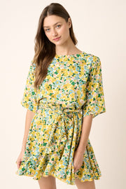 Yellow Flower Print Pleated Dress