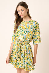 Yellow Flower Print Pleated Dress