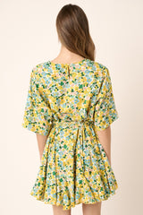 Yellow Flower Print Pleated Dress