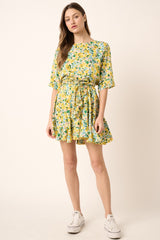 Yellow Flower Print Pleated Dress