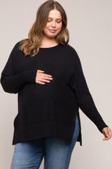 Black Dolman Sleeve Side Slit Maternity Plus Sweater