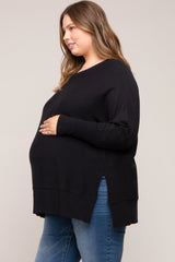 Black Dolman Sleeve Side Slit Maternity Plus Sweater