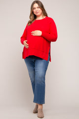 Red Dolman Sleeve Side Slit Maternity Plus Sweater