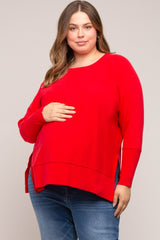 Red Dolman Sleeve Side Slit Maternity Plus Sweater