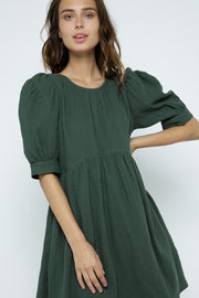 Green Puff Elbow Sleeve Flare Baby Doll Dress