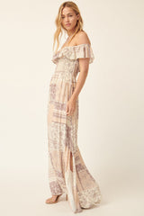 Blush Woven Patch Smocked Sleeveless Maxi Dress