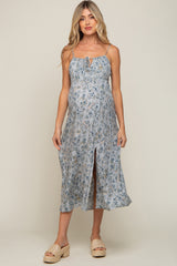 Light Blue Paisley Front Tie Maternity Midi Dress