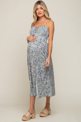 Light Blue Paisley Front Tie Maternity Midi Dress