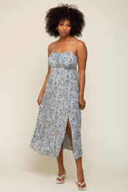 Light Blue Paisley Front Tie Midi Dress