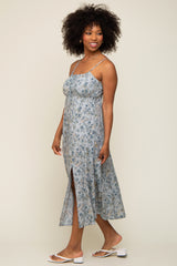 Light Blue Paisley Front Tie Midi Dress